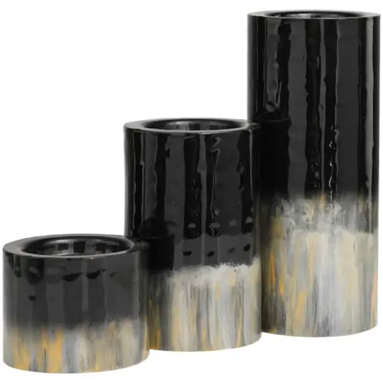Black Metal Colorblock Candle Holder with Gold and Silver Streaks Set {1}