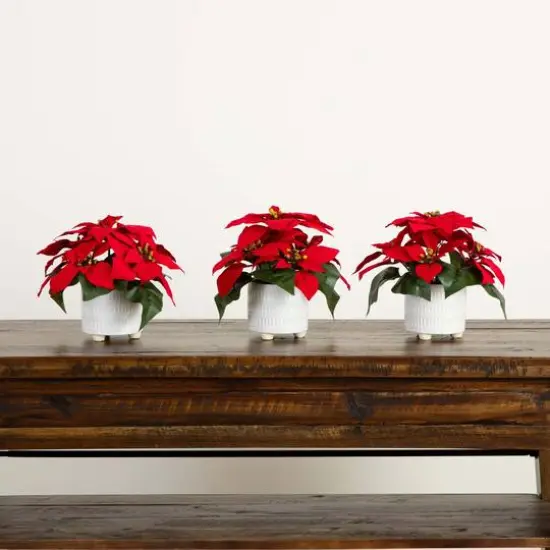 9" Artificial Poinsettia Arrangements in White Ceramic Pots, 3ct. {6}