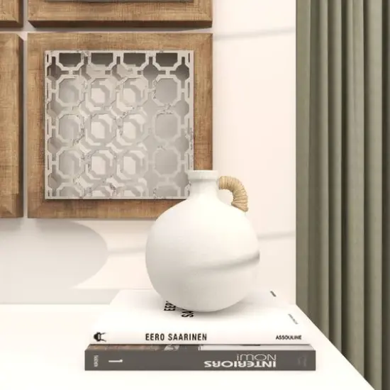 11" White Ceramic Jug Inspired Vase with Rattan Wrapped Handle {9}