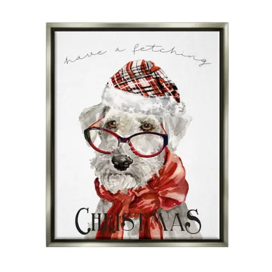 Stupell Industries Have a Fetching Christmas Dog Gold Framed Floater Canvas Wall Art Gray {1}