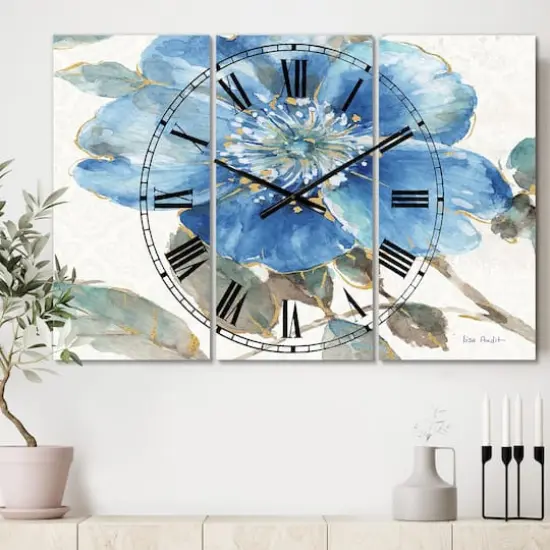 Designart Indigold Watercolor Flower I Traditional 3 Panel Wall Clock {3}