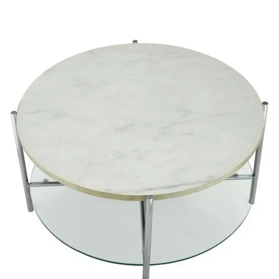 Faux White Marble, Glass & Chrome Modern Round Coffee Table {6}
