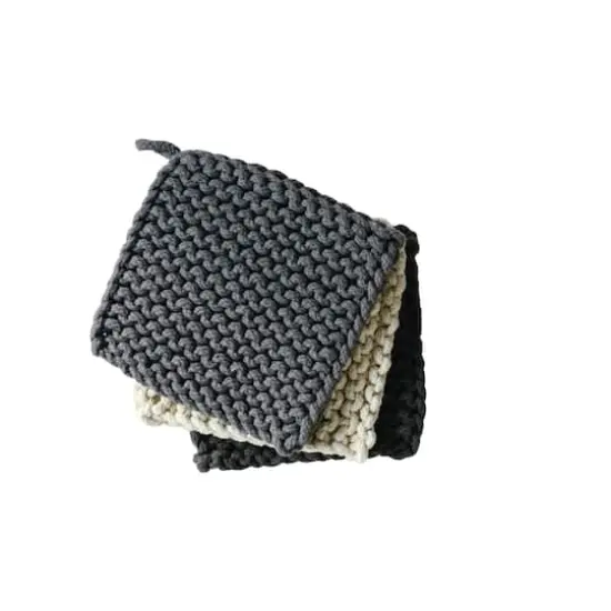 Hello Honey&reg; 8" Black, Gray & Cream Square Cotton Crocheted Pot Holder Set {1}