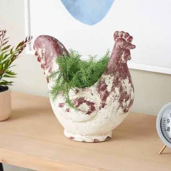 14" White & Rust Colored Rooster Planter {3}