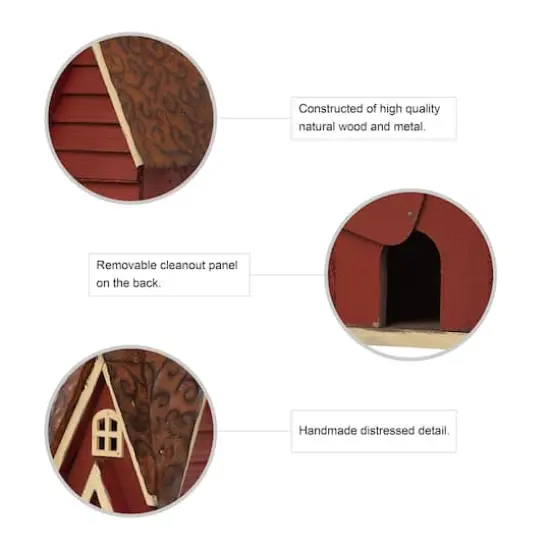 Glitzhome&reg; 12" Hanging Distressed Red Cottage Solid Wood Birdhouse {7}