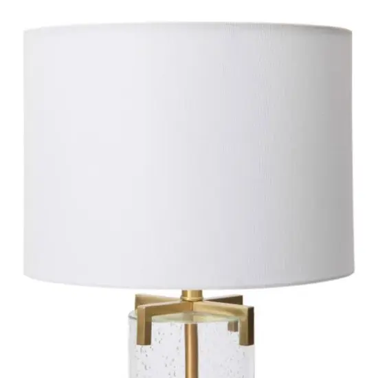 Hello Honey&reg; Glass & Metal Brushed Gold Lamp with White Linen Shade {6}
