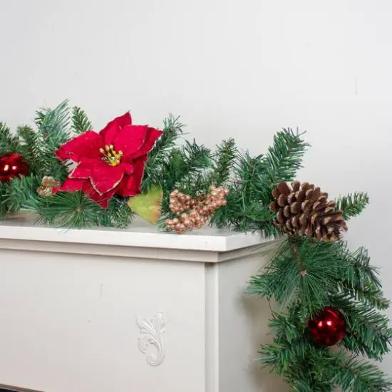 Red Balls & Poinsettias Gold Pine Cones with Berries Pine Garland, Unlit {4}