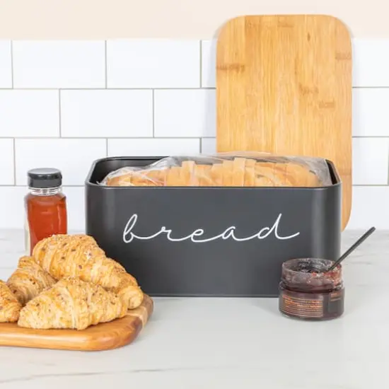 Hello Honey&reg; 11.75" Black Metal Bread Bin with Bamboo Lid {4}
