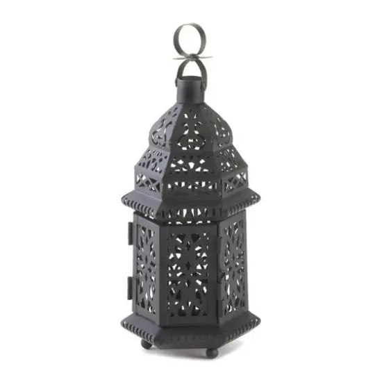 10.5" Black Metal Moroccan Style Candle Lantern with Intricate Cutouts {1}