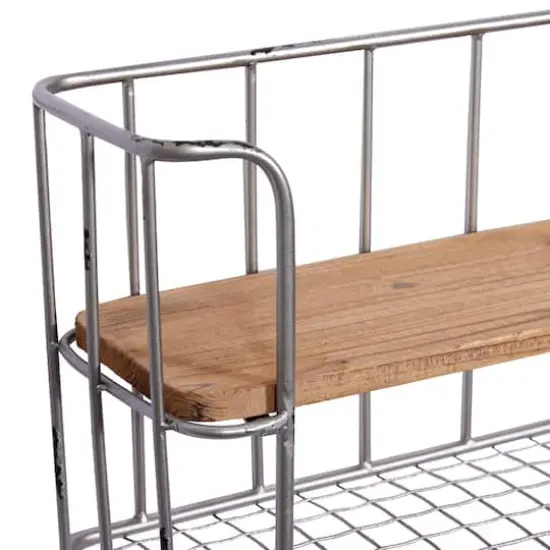 Set of 2 Silver Metal Basket & Wooden Wall Shelf Units With Hooks {5}