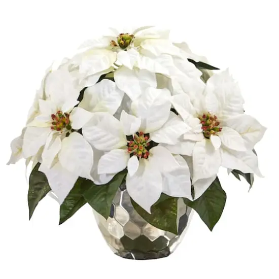 14" White Poinsettia Arrangement in Designer Silver Bowl {1}