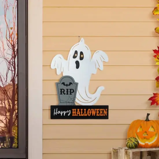 Glitzhome&reg; 32.25"H Lighted Halloween Metal Ghost Tombstone Yard Stake with Timer {3}