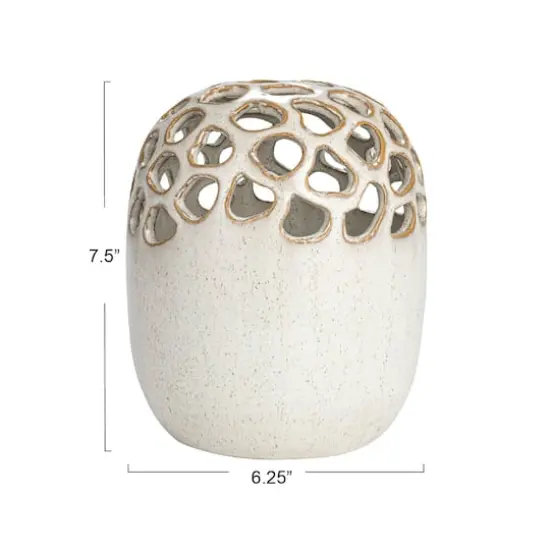 Hello Honey® 7.5" Cream Stoneware Flower Frog Vase with Reactive Glaze {6}