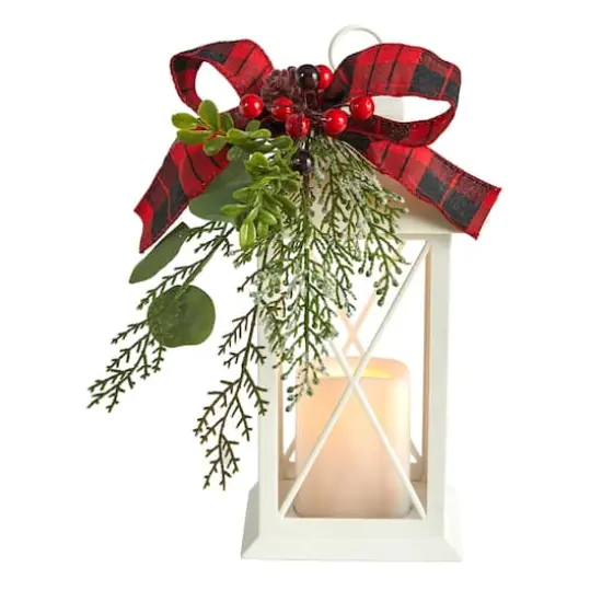 12" White Lantern with Berries, Pine & Plaid Bow Artificial Christmas Table Arrangement with LED Candle {1}