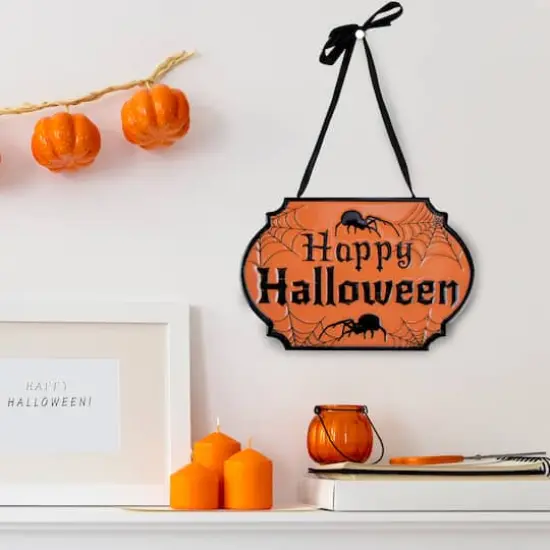 Orange & Black Happy Halloween Cauldron Pot Metal Wall Sign {3}