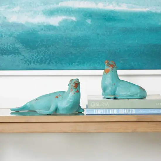 Teal Polystone Distressed Sea Lion Sculpture Set {10}