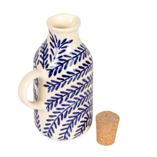 Hello Honey 8 oz. Hand-Painted Stoneware Oil Cruet with Design and Cork Stopper, Cream Color and Blue {10}