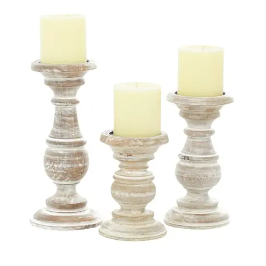 Mango Wood Traditional Candle Holder Set Cream {1}