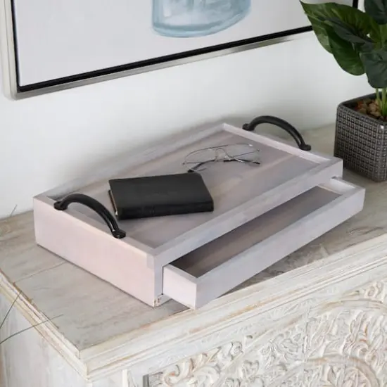 18.25" Wood Hidden Drawer Tray with Black Metal Handles Cream {3}