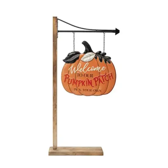 Hello Honey® 38.5" 2-Sided Embossed Metal Pumpkin Sign Décor with Wood Floor Stand {3}