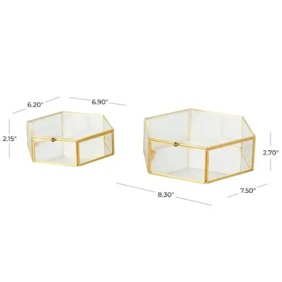 Clear & Gold Glass & Metal Hexagon Jewelry Box with Chain Accent Set {5}
