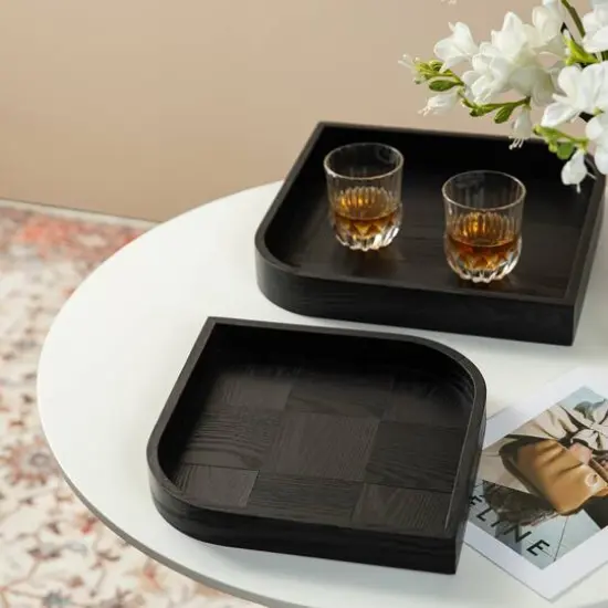 Glitzhome&reg; Black Leaf Shape Ash Wood Decorative Trays Set {6}