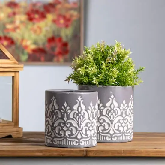 Gray Ornate Metal Planter Set {3}