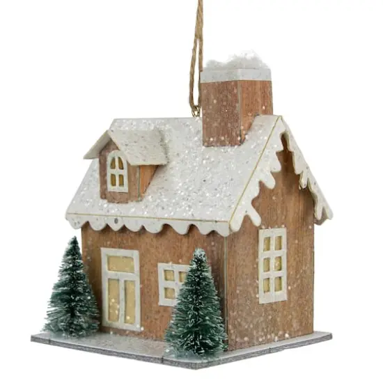 4" Battery Operated Tan Brown and White Lighted House Christmas Ornament {5}