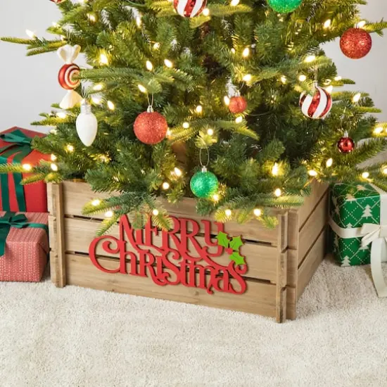Glitzhome&reg; Merry Christmas Wood Crate Tree Collar {3}
