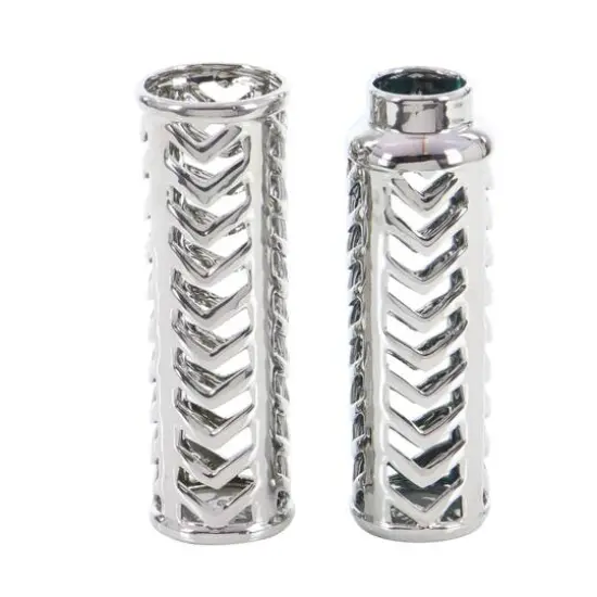 Set of 2 Silver Stoneware Glam Vase, 4" x 11" {3}