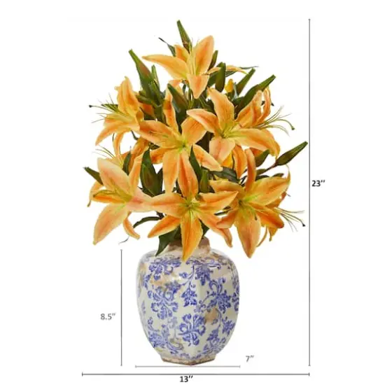 23" Lily Arrangement in Blue & White Distressed Floral Vase {3}