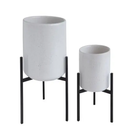 Hello Honey&reg; 8" White Stoneware Flower Pot with Black Metal Stand {10}
