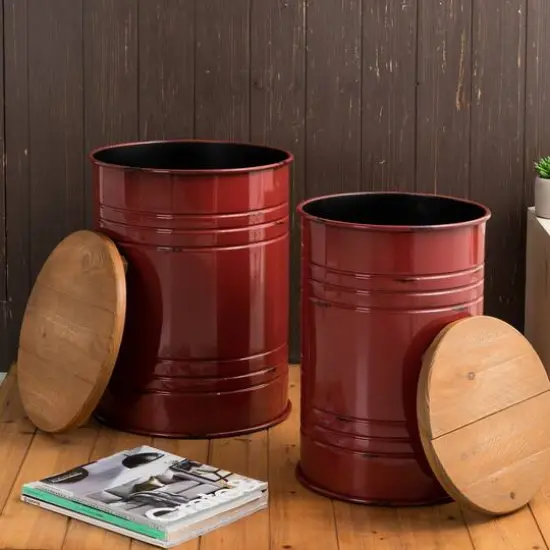 Glitzhome&reg; Metal Storage Accent Table with Solid Wood Lid Set Red {5}