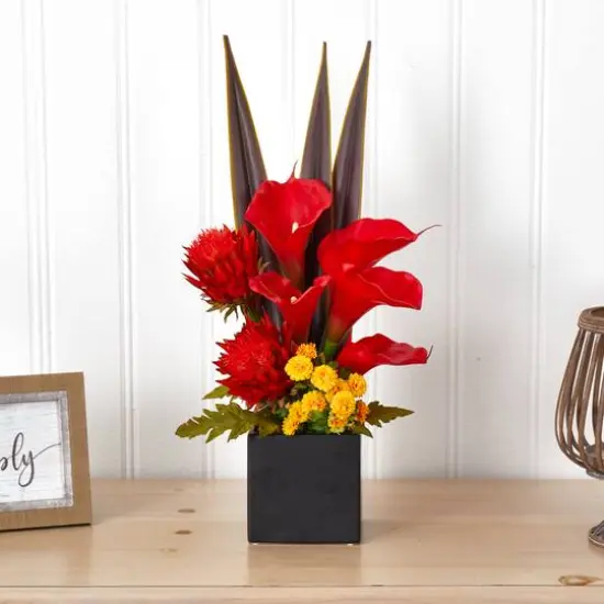 22.5" Red & Orange Tropical Floral & Calla Lily Mixed Arrangement in Vase {4}