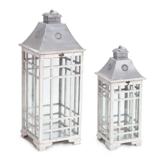 White and Gray Metal & Glass Lantern Set, 24.5'' & 33'' {1}