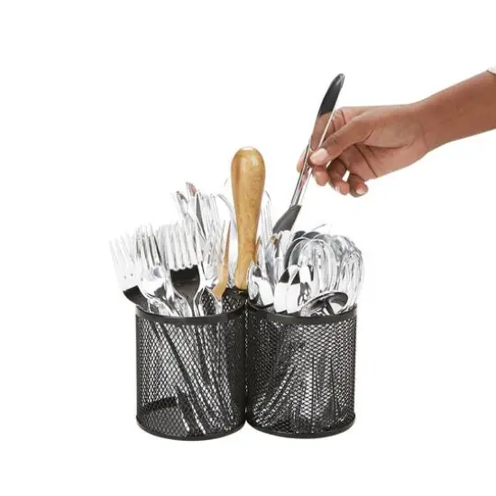Mind Reader Network Collection Black 3-Compartment Utensil Caddy with Wooden Handle {9}