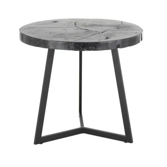 21.5" Black Teak Wood Handmade Live Edge Accent Table with Black Metal Base {7}