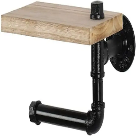 Natural Brown Industrial Wall-Mounted Rustic Toilet Paper Holder with Wood Shelf {1}
