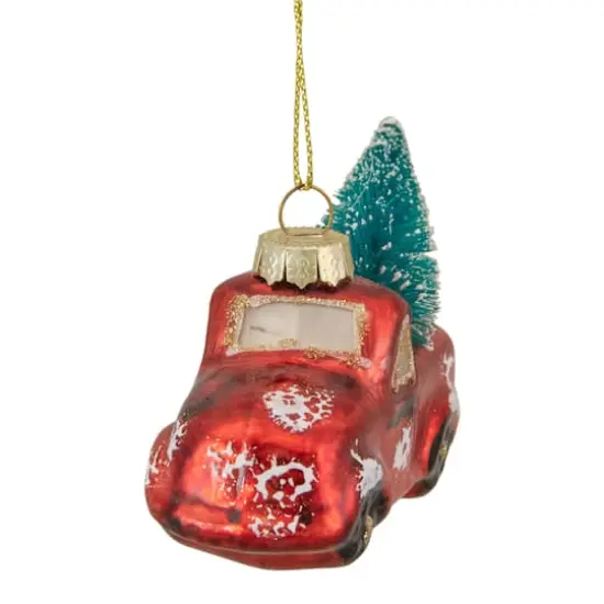 4" Red Metallic Truck with a Sisal Tree Glass Christmas Ornament {8}