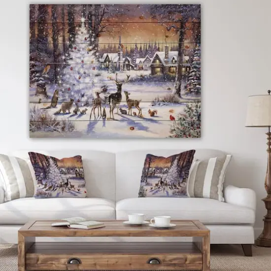 Designart Christmas Woods with Deer, Buck & Owl Print on Pine Wood {6}