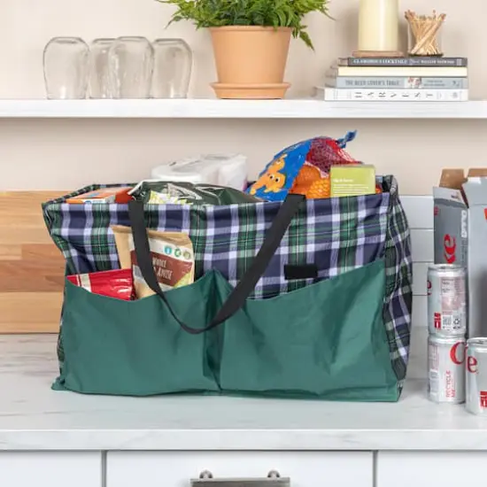 Household Essentials Large-Capacity Krush Utility Tote with 4 Exterior Pockets Blue/Green Plaid {3}