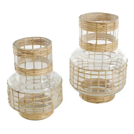 Clear Glass Double Ring Rattan Wrapped Vase Set {4}