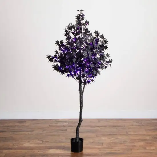 6ft. Pre-Lit Artificial Halloween Black Maple Tree with 300 Orange & Purple LED Lights {8}