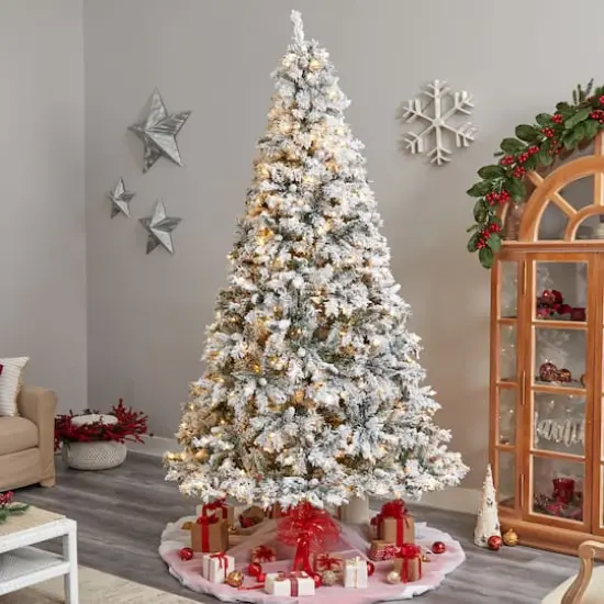 9ft. Pre-Lit Flocked White River Mountain Pine Artificial Christmas Tree, Clear LED Lights {3}