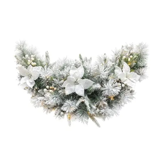 Glitzhome® 36" Pre-Lit Flocked Greenery Pine White Poinsettia & Berry Christmas Swag with Timer {1}
