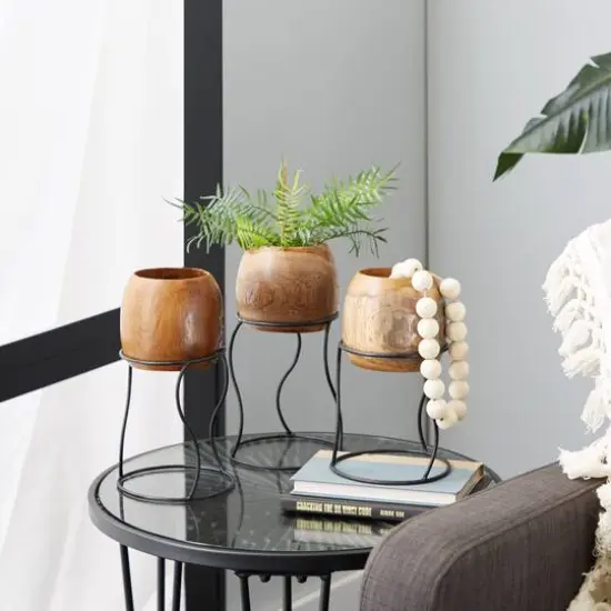 Set of 3 Brown Teak Wood Rustic Planter 9", 11", 10" {8}