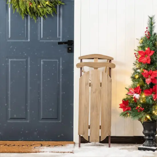 Glitzhome&reg; 34.25"&nbsp;Wooden Natural Christmas Sleigh Porch Decor {4}
