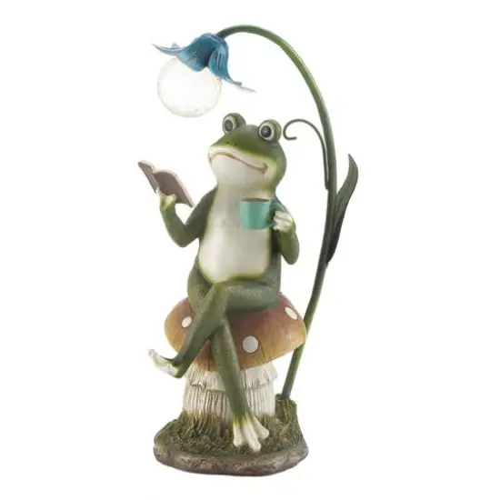 15.5" Frog Reading on Mushroom Solar Statue {1}