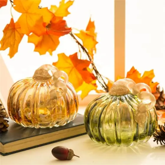 Glitzhome&reg; Green & Amber Crackle Glass Short Pumpkin Set {3}