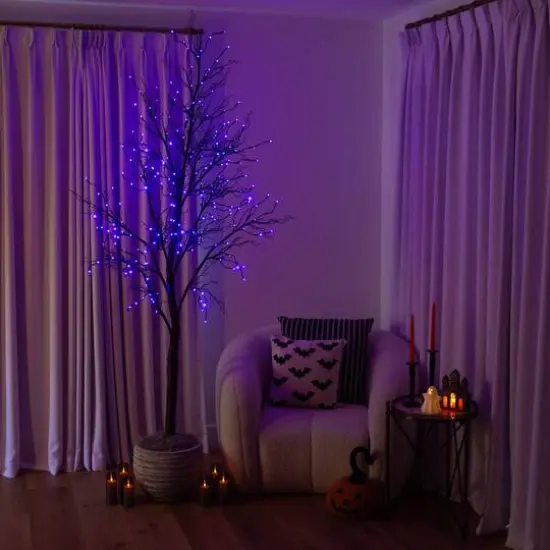 8ft. Pre-Lit Halloween Deluxe Black Twig Artificial Tree with 216 Orange & Purple LED Lights {12}